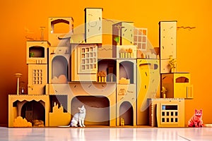 White cat sitting on top of pile of cardboard toys in front of yellow wall. Generative AI