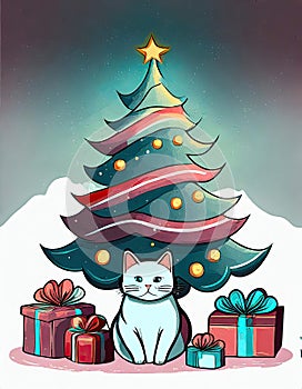 A white cat sitting under a Christmas three full of presents