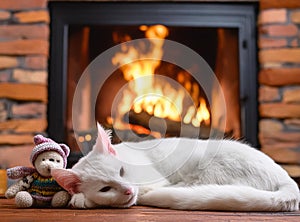 A white cat sleeping comfortably in front of the fireplace photo