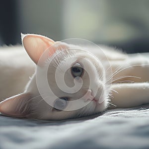 a white cat sleeping happily