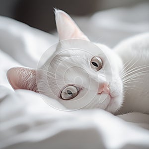 a white cat sleeping happily