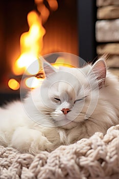 A white cat is sleeping near the fireplace ai created