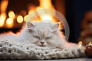 A white cat is sleeping near the fireplace ai created