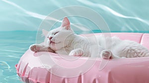 White cat sleeping on a pink inflatable ring mattress in a pool