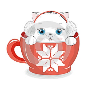 White cat  in snowflake cup