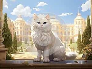 white cat standing like a princess with castle background and blue sky