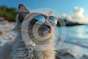 White cat with sunglasses lounging on sandy beach near ocean