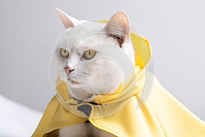 White cat in a superhero costume with yellow cloak.