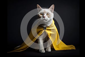 White cat in a superhero costume with yellow cloak.