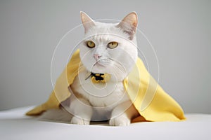 White cat in a superhero costume with yellow cloak.