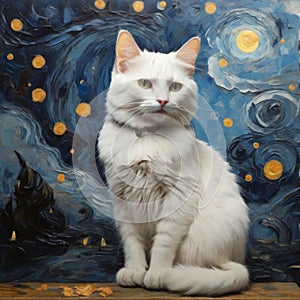 white cat in Van Gogh style