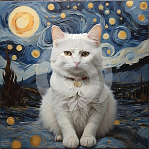 white cat in Van Gogh style