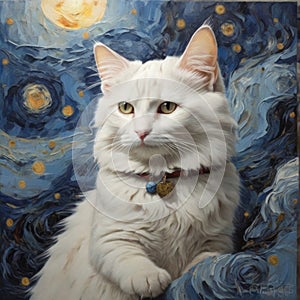 white cat in Van Gogh style