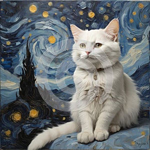 white cat in Van Gogh style