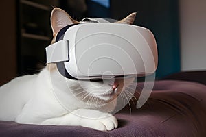 White cat in virtual reality glasses, Generative AI