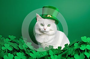 White cat wearing a green leprechaun hat with shamrocks on a green background