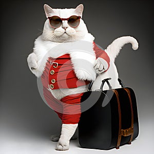 White cat wearing Santa Claus clothes, white scarf and  sunglasses posing on grey background