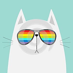 White cat wearing sunglasses eyeglasses. Rainbow color lenses. LGBT sign symbol. Cute cartoon funny character. Kitten in eyeglasse