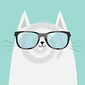 White cat wearing sunglasses eyeglasses. Shining lenses. Cute cartoon funny character. Kitten in eyeglasses. Fashion animal. Blue