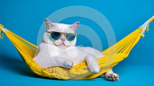 White cat wearing sunglasses laying in hammock. Generative AI