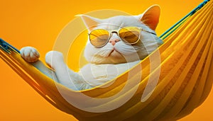 White cat wearing sunglasses and lying in hammock. Generative AI