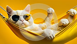 White cat wearing sunglasses lying in hammock. Generative AI