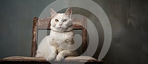 A white cat with whiskers sitting on a wooden chair