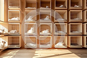 White cats lounging in wooden cubbies bathed in sunlight. Symmetry and repetition create serene setting