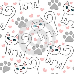 White cats seamless pattern with pink hearts and paws.