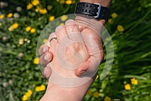 White caucasian and black afro american hands holding together. Interrasial couple black male and white female hands