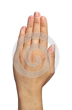 White Caucasian-style outstretched hand that greets the people or shows that there is no engagement ring or wedding ring on his fi