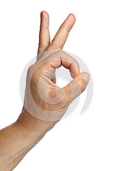 White Caucasian type hand making an O with his fingers to say that everything is fine