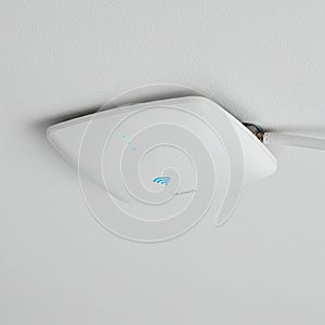 A white ceiling-mounted wireless access point with a sleek, rounded design is installed