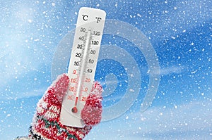 White celsius and fahrenheit scale thermometer in hand. Ambient temperature minus 26 degrees
