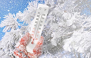 White celsius and fahrenheit scale thermometer in hand. Ambient temperature minus 28 degrees