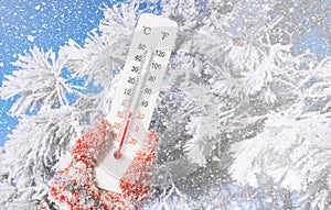 White celsius and fahrenheit scale thermometer in hand. Ambient temperature minus 4 degrees