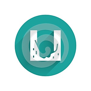 White Cemetery digged grave hole icon isolated with long shadow. Green circle button. Vector