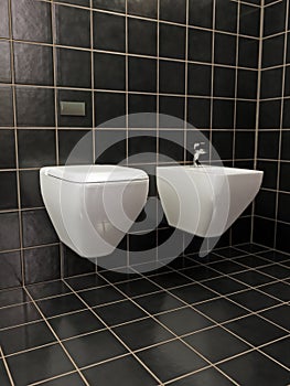 White ceramic bidet and toilet bowl