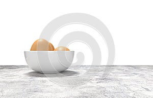 White ceramic bowl ful of eggs. Placed on concrete table.