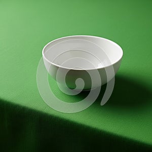 A white ceramic bowl rests on a smooth, dark green tablecloth. The green surface