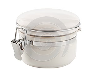 White Ceramic Canister with Metal Clamp