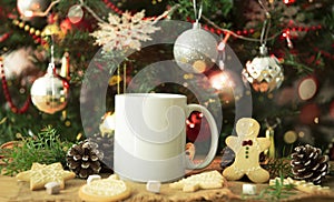 White ceramic coffee cup and christmas decoration on woon table background. mockup for creative advertising text message or