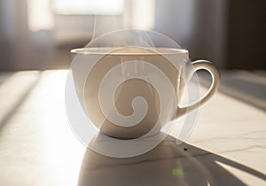 A white ceramic coffee cup on a light marble surface, AI generated