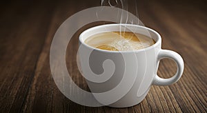 A close-up of a minimalist white ceramic coffee cup filled with steaming espresso, placed on a rustic wooden surface AI