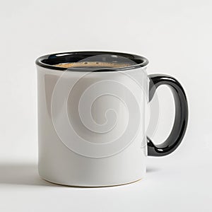 White ceramic coffee mug with black interior and handle on plain background