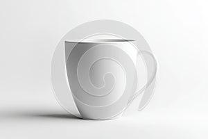 A white ceramic coffee mug featuring a handle is placed on a white surface