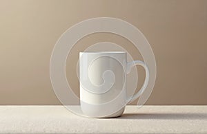 White ceramic coffee mug on light fabric surface. Blank cup mockup for branding, custom design. Minimalist empty studio