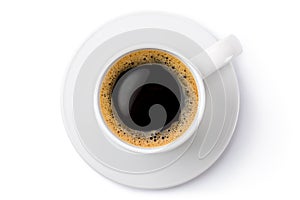 White ceramic coffee mug on the saucer. Top view.