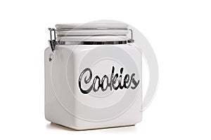 White ceramic cookie Jar on white background with copy space