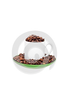 White ceramic cup filled with coffee beans